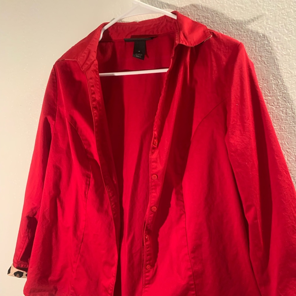 Bright red and cheetah print collared work shirt